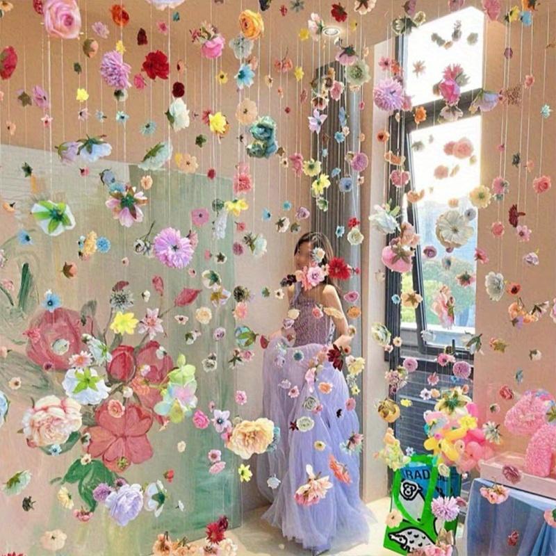 100pcs Boho Fabric Artificial Flowers with 50m Fishing Line Set Hanging Ornaments Featherless Floating Petals Wedding Home Decor