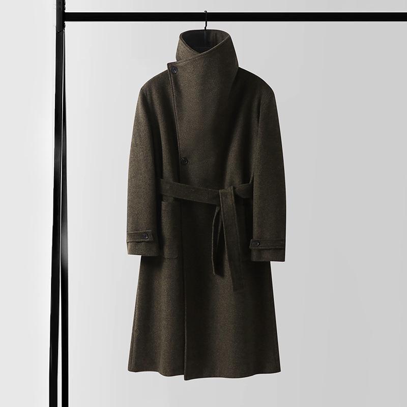 Men's Asymmetrical Long Cashmere Coat with Stand Collar and Belt - Plus Size, Loose Fit Outerwear for Autumn and Winter.