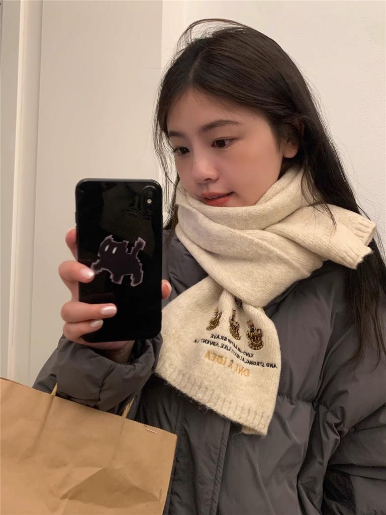 Cute Bear Knitted Scarf Women's Winter New Korean Version Versatile Including Warm and Cold Scarf Student
