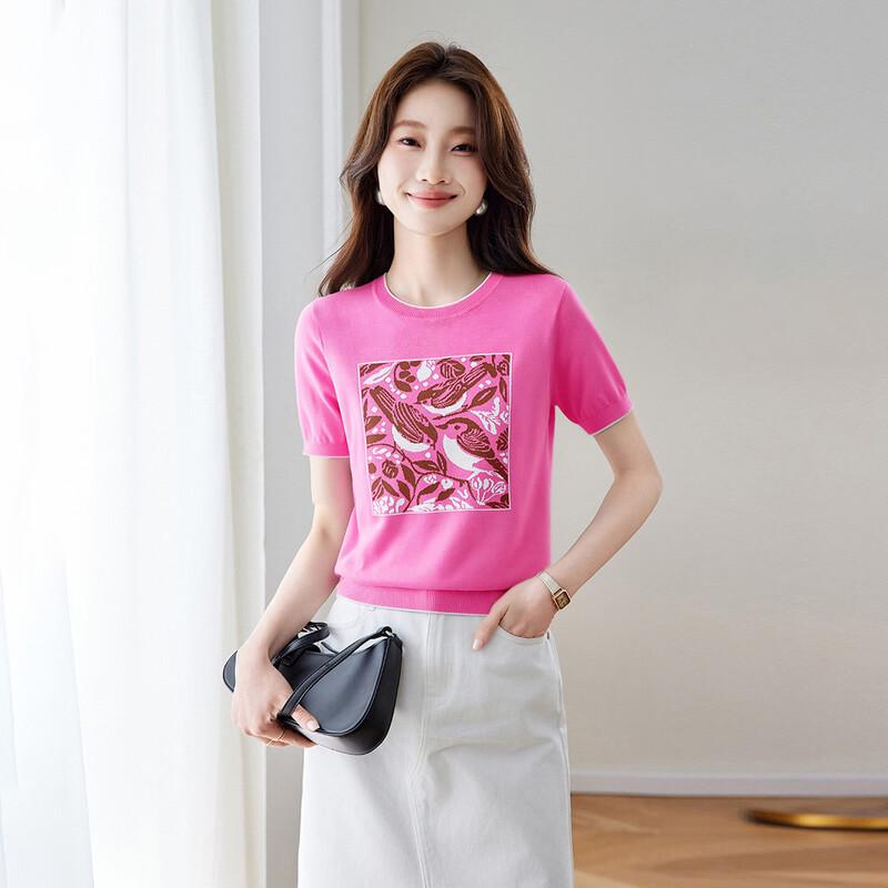 Srcr Women s Mulberry Silk Blend Jacquard Knit Short Sleeve T-Shirt M