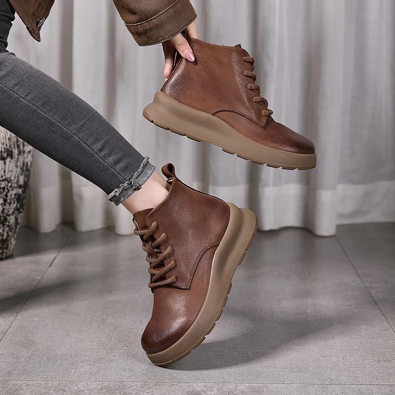 Real Leather Shoes,  New Women's Boots, Thick-soled Short Boots, High-top Women's Shoes