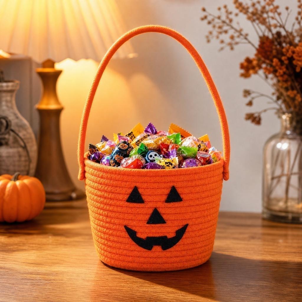 Geflochtener Korb Halloween Kürbis Design Aufbewahrungsbehälter Handgehaltener Organizer für saisonale Dekoration und Aufbewahrung kleiner Gegenstände