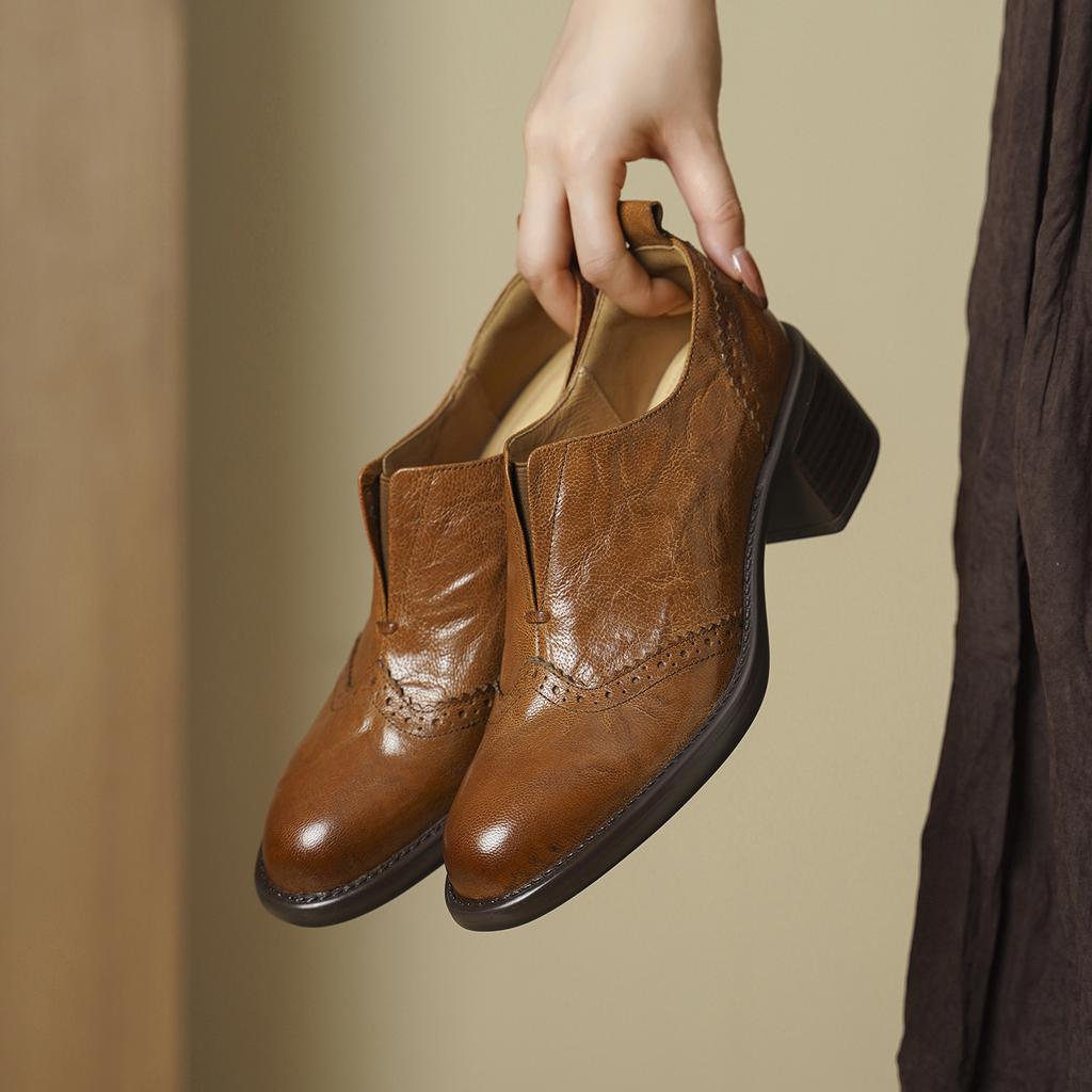 Leather Women Shoes Slip on Loafers Oxford Shoes Block Heel Casual Shoes Outdoor Footwear Office Lady Leather Shoes