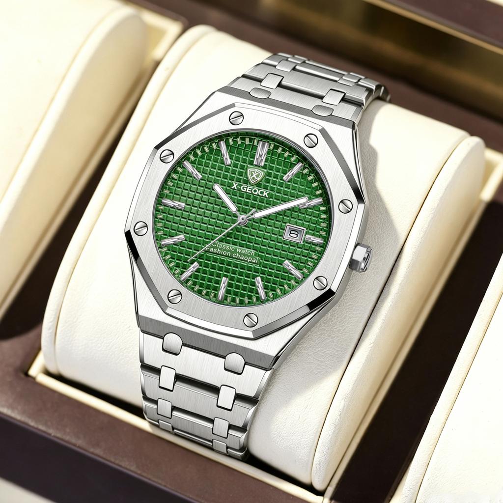 Men's Luxury Business High Quality Stainless Steel Strap Waterproof Quartz Watch Calendar Night Light Grid Dial