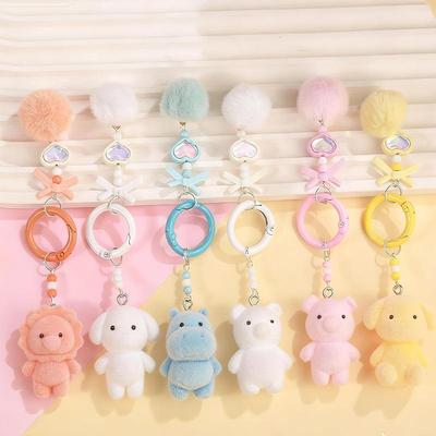 Flocking Cartoon Animals Pendant Key Chain Cute Heart Bow Shaped Key Ring Phone Chain Lanyard