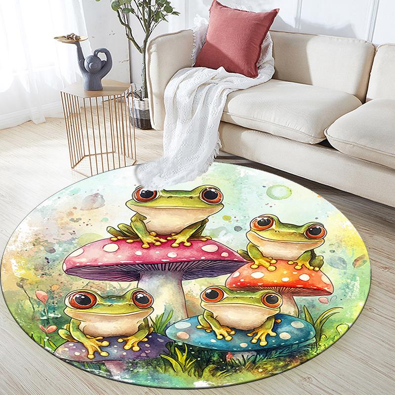 Frog Toad Mushroom Round Area Rug,Carpet Rug for Living Room Bedroom Sofa Playroom Decor,Non-slip Floor Mat