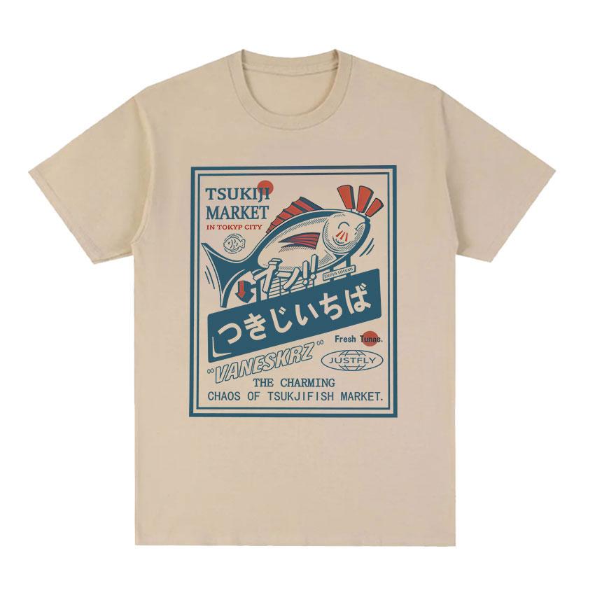 2025 Summer Japanese Tsukiji Market Fish Funny Meme Mens Women ONeck Vintage Harajuku Oversized 100 Pure Cotton Tshirt