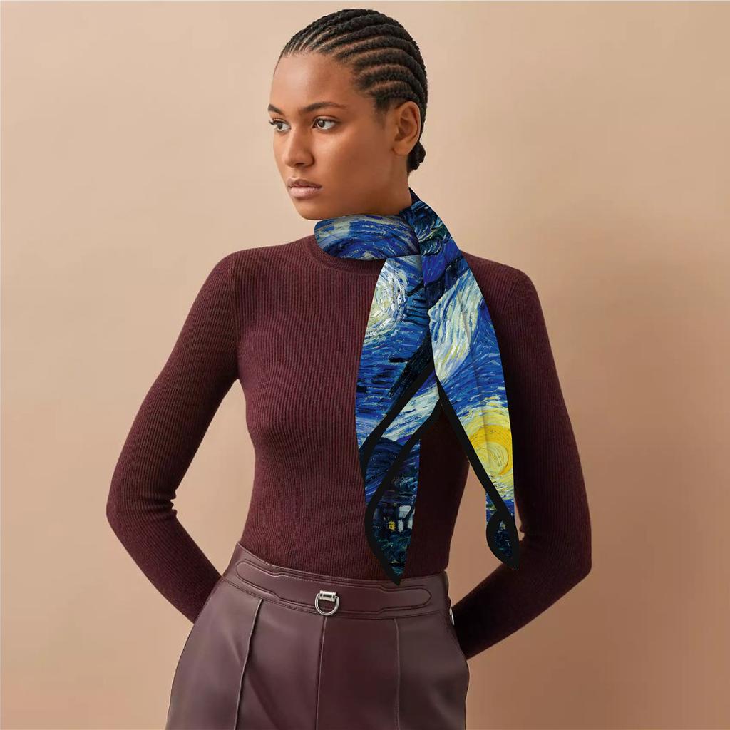 90cm Sternenhimmel Imitation Köper Modischer Seidenschal Quadratisch Damen Hijab Bandana Foulard Kopftuch Van Gogh Ölgemälde Halstuch