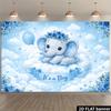 2D Plane Cloud Elephant Theme Background Cloth - Light Blue Dreamy Style  Decorated with Balloons  Stars and Blue Roses