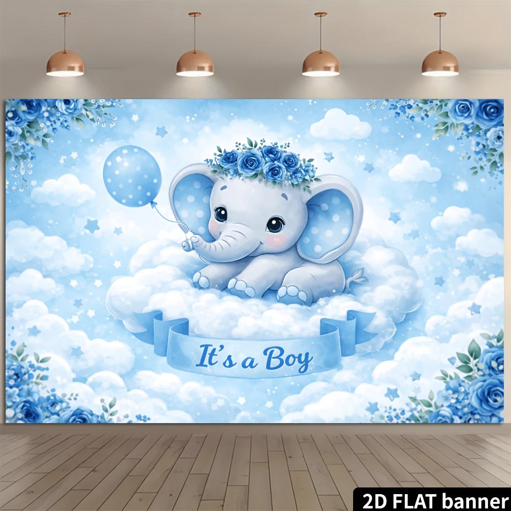 2D Plane Cloud Elephant Theme Background Cloth - Light Blue Dreamy Style  Decorated with Balloons  Stars and Blue Roses
