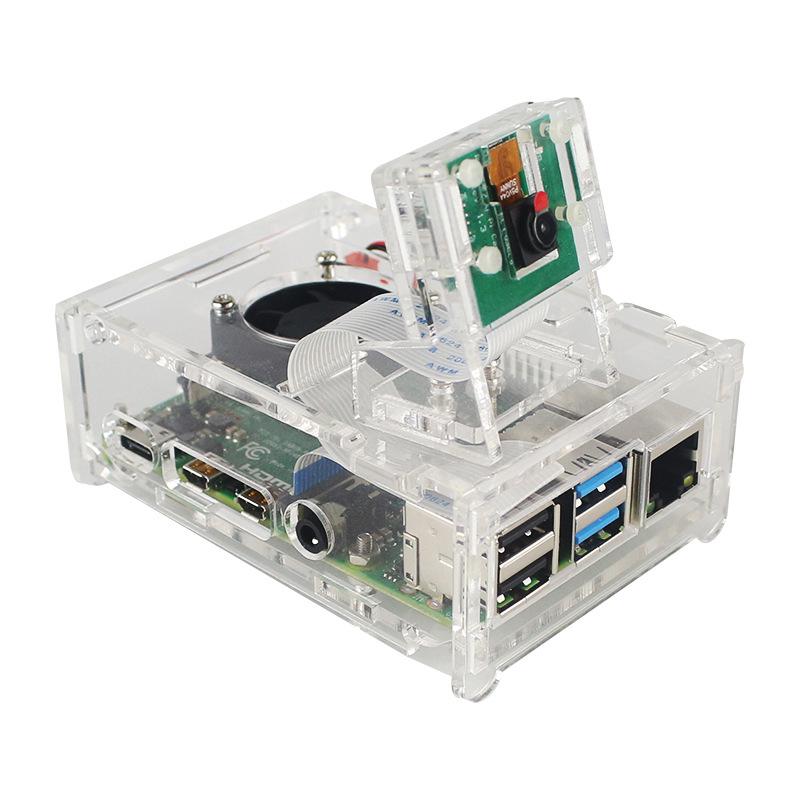 Acrylic Protective Case for Raspberry Pi 4 Model B with 3.5-inch Touchscreen, Fan Mount, and Camera Stand.