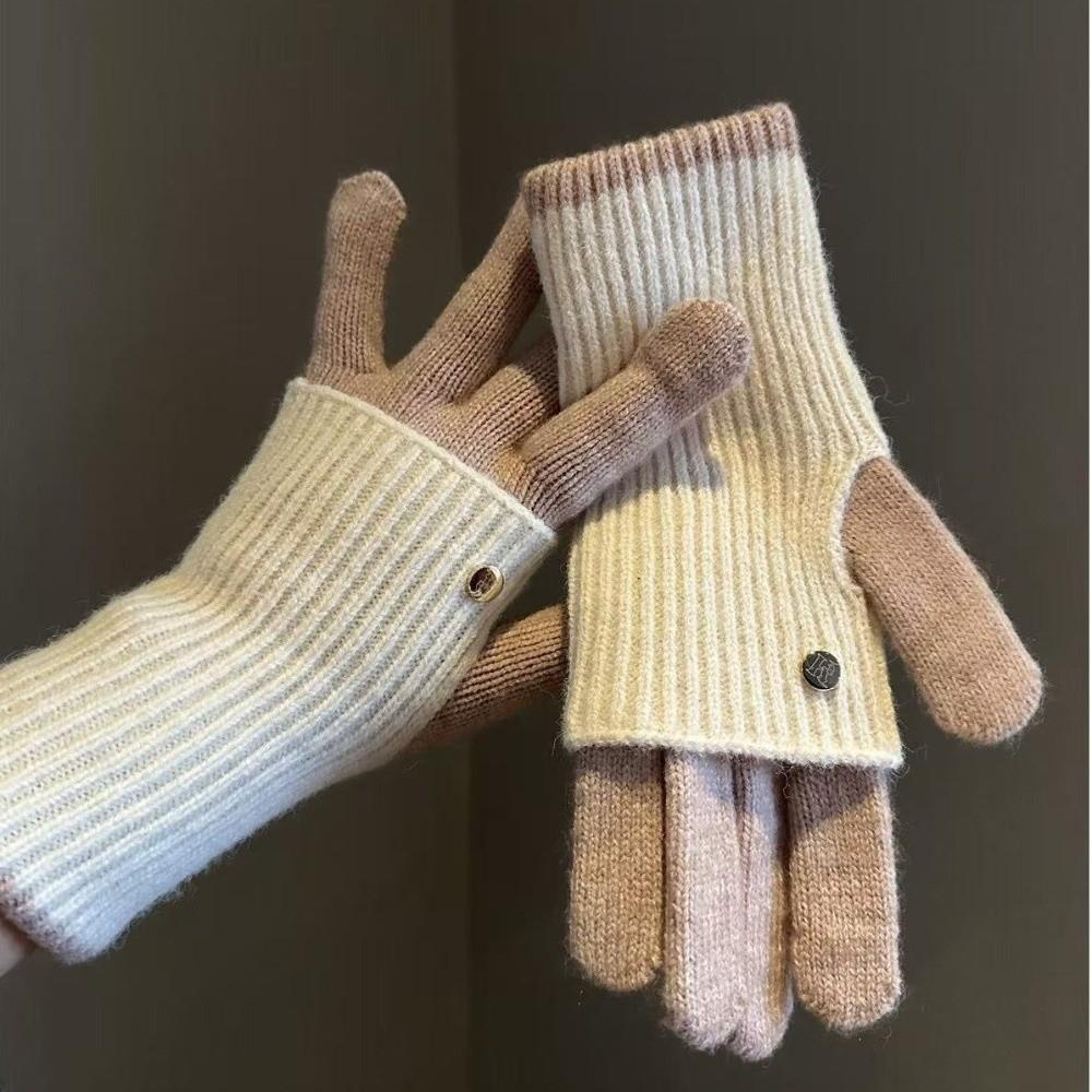 Patchwork Design Knit Gloves Maillard Earth Tone Open Finger Gloves for Students