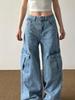 Unisex Retro Coastal Blue Wide-Leg Jeans: Casual Large-Pocket Design