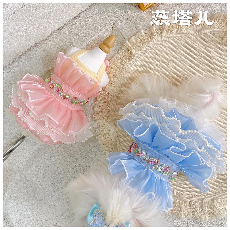 Puppy Dog Summer Skirt Clothing Pink Blue Simple Crystal Lace Sling Dresses For Small Medium Dog Chihuahua Pet Dog Clothes XXS-L