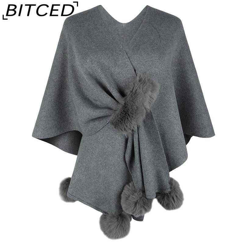 

BITCED Solid Colour Pom-Pom Cape Sweater Autumn/Winter Ladies Shawl Knitted Cardigan One size серый