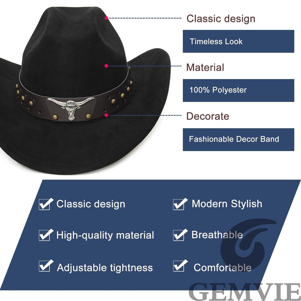 GEMVIE Western Hat with Belt Wide Slimming Ten Gallon Western Actress Hat Black Men's Accessory, Brim, Cowboy/Cowgirl Style, Unisex, Face, Hat, Hat,