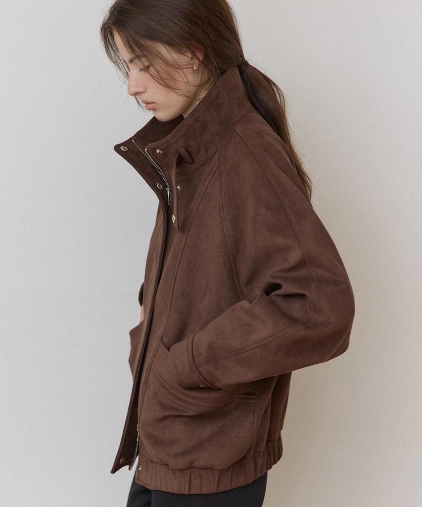 OURHOPE Curved High-Neck Suede Jacket - Brown