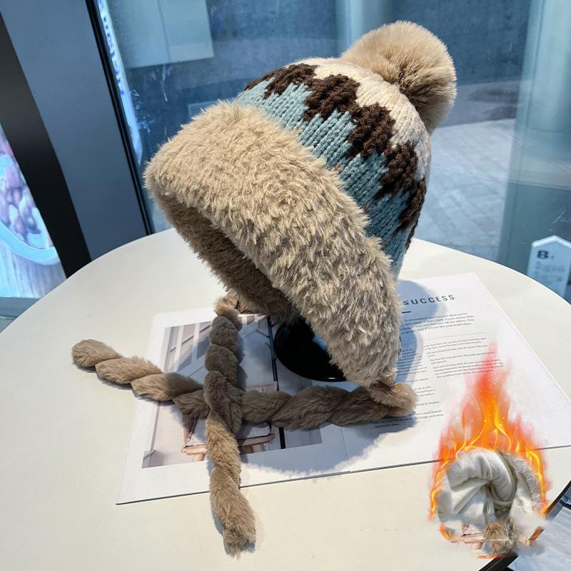 Damen Fair Isle Strickmütze Winter Warm Beanie Doppellagig Fleecegefüttert Verdickt Bommel Ohrenklappenmütze Bindeband Strickmütze