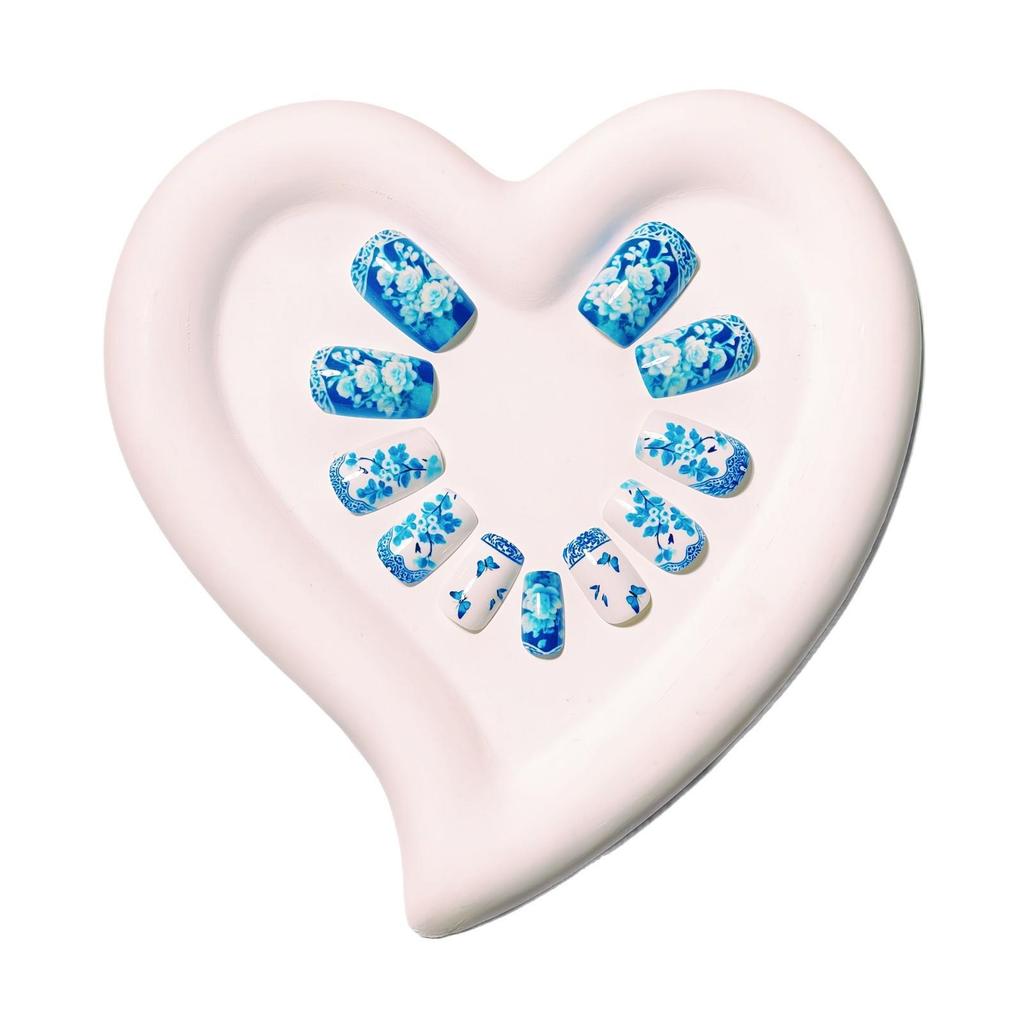 Blue & White Porcelain Press-On Nails - Chinese Style with Butterfly Design, Includes 24 Stickers