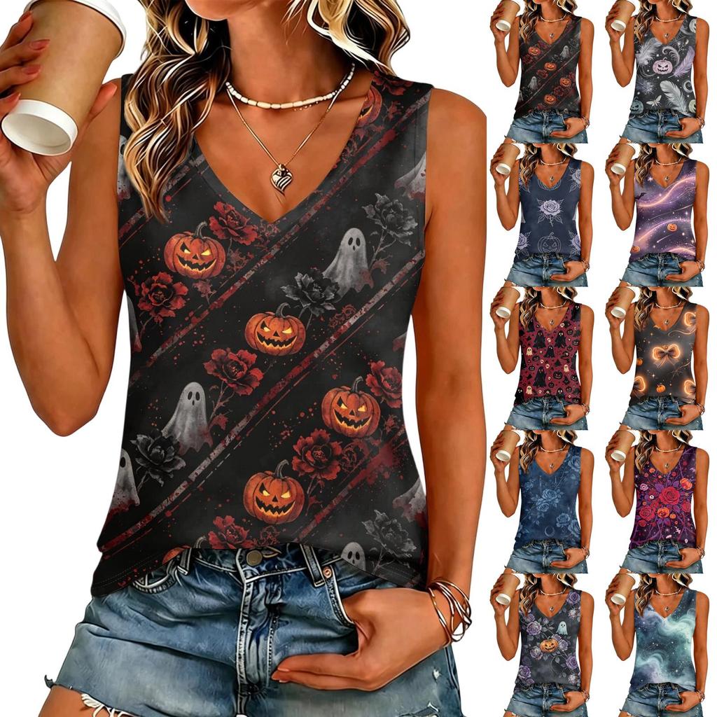 Women's V Neck Casual Halloween Printed Top for Party and Daily Wear