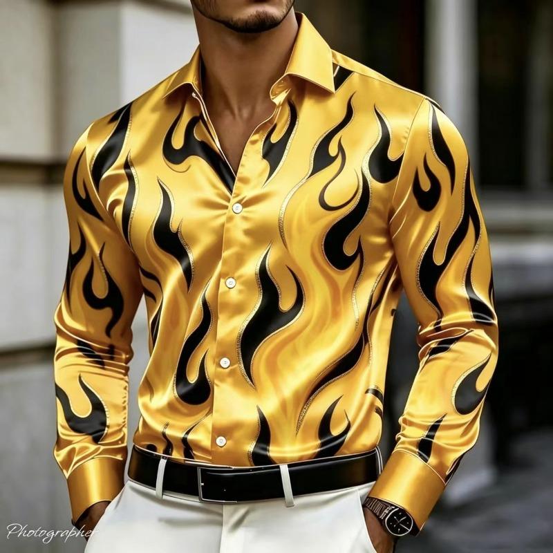 Camicia da uomo in raso di seta lussuosa con stampa fiamme manica lunga vestibilità slim comoda con bottoni top casual per feste di lavoro