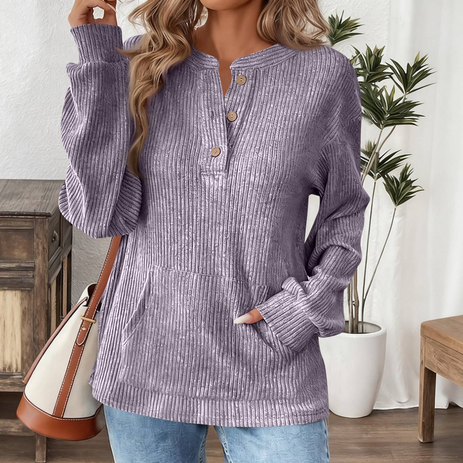 

Women s Fashionable Solid Color Round Neck Button Pocket Loose Long Sleeved Pullover Top S
