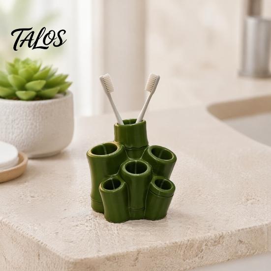 Modern Vanity Accessory Toothbrush Holder, Green Bamboo Shape, 6 Slot Storage Tongue Scraper Rack Organizer, for Bathroom Countertop Razors And Makeup