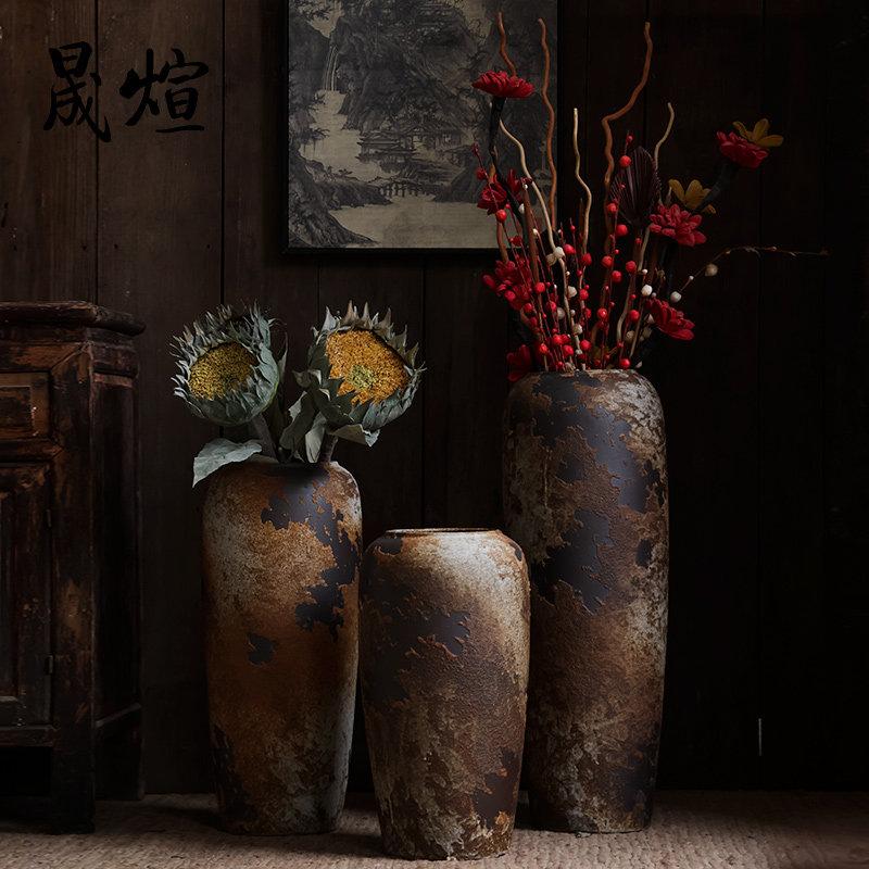 Wabi-Sabi Retro Keramik Bodenvase - Zen Gealterter Terrakotta Topf für Trockenblumen, Rustikales Haus Wohnzimmer Dekor