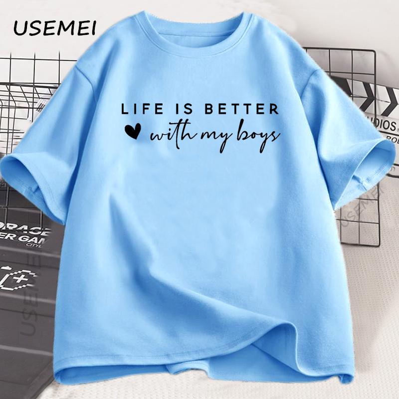 Life Is Better with My Boys TShirt Mom of Boys T Shirt Mothers Day Tshirt Cotton Printed Short Sleeves Funny Graphic Tee Shirt