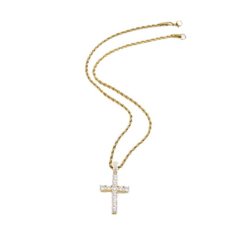 Zircon Cross Pendant Necklace Women Men Minimalist Luxury Stainless Steel Chain Gold Tone
