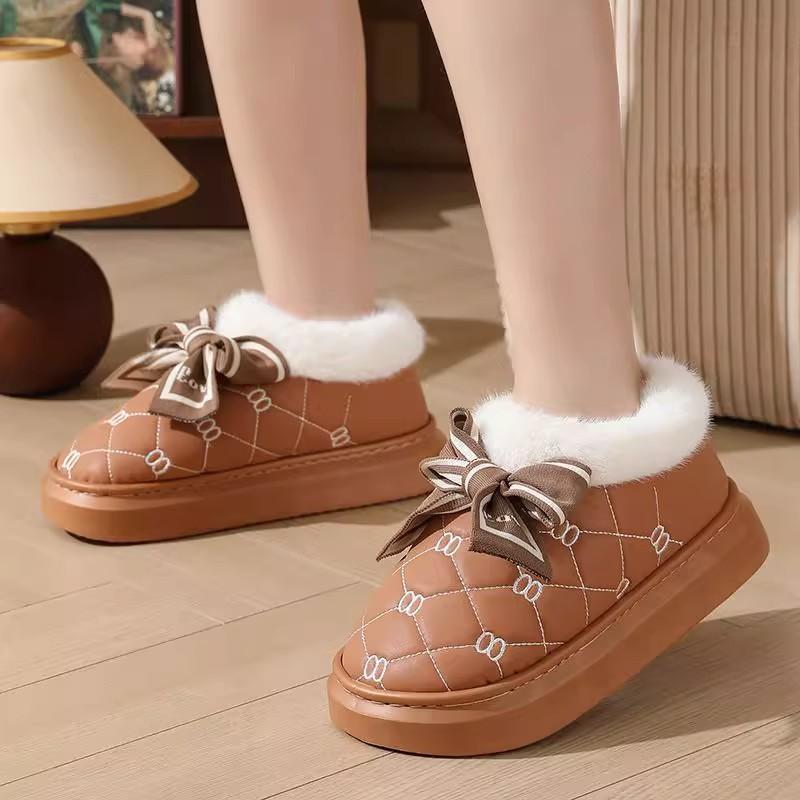 High-heeled cotton slippers, thick-bottomed bag and indoor household fashion versatile bow PU slippers, thickened and warm in winter