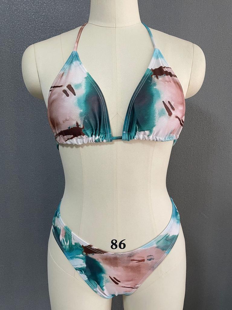 Women's Swimsuit Long Sleeve Tie Dye Three Piece Sexy Halter Neck Bikini Split Suit Beach Wear