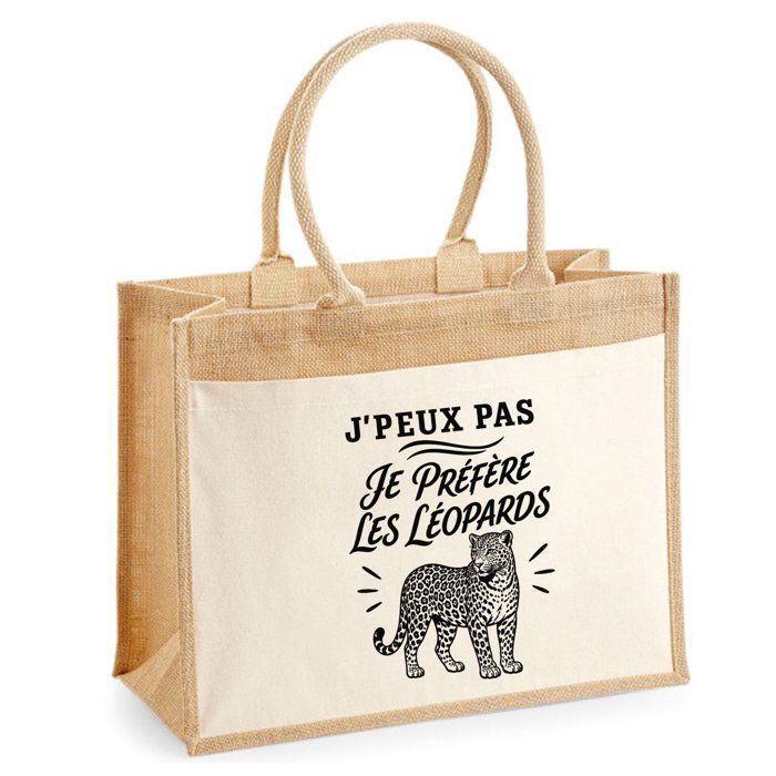 Sac cabas - PLANETEE - J'peux pas je préfère les Léopards - Toile de jute & coton - 21 L (43×33×21 cm) - Illustration léopards