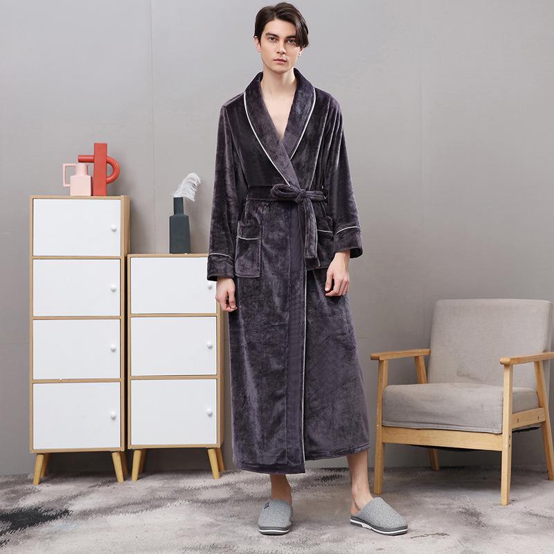Extra-Long Coral Fleece Bathrobe for Men and Women - Winter Style Flannel Pajamas
