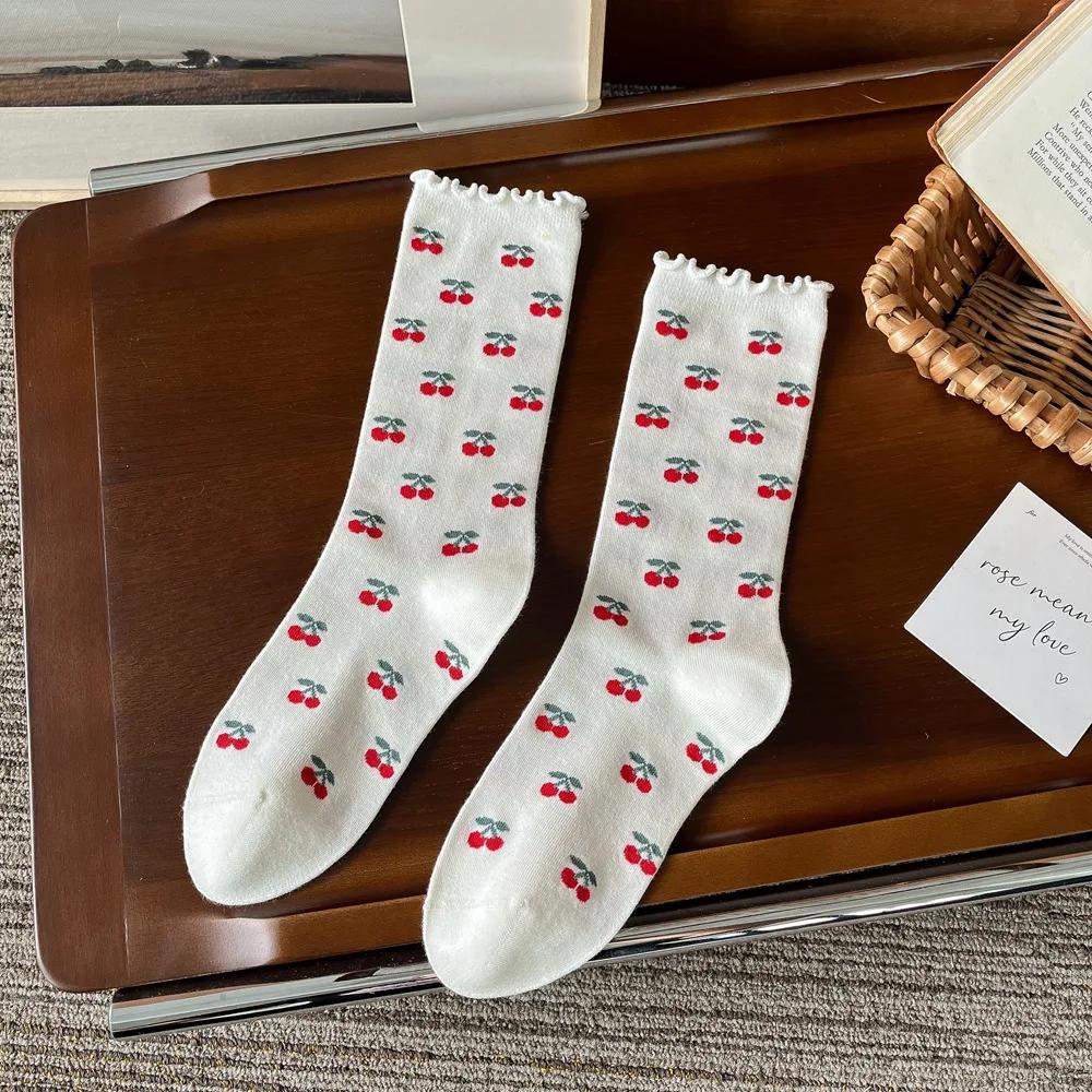 Embroidery Cherry Women Socks Japanese Fashion Knitted Cotton Black White Long Socks Women Sweet Girl Lolita Kawaii Ruffle Socks