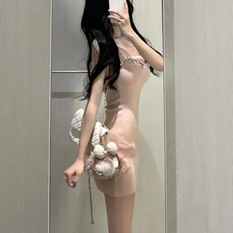 2023 Japanese Sweet Knitted Dress Suits Women Casual Hooded Sweater Cardigan + Y2k Slim Sexy Strap Dress Elegant 2 Piece Set New