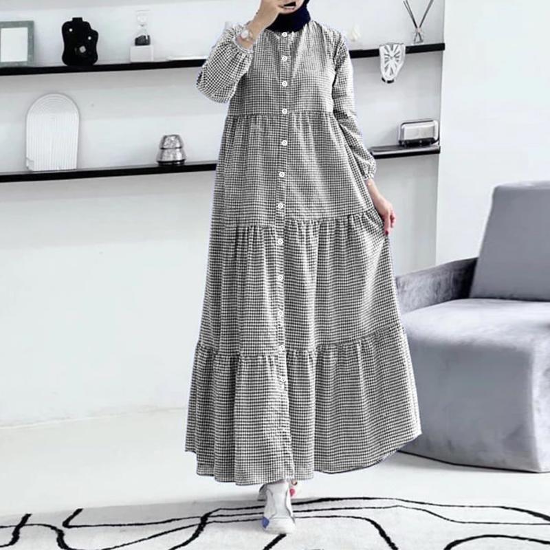 ZANZEA Women Casual Round Neck Long Sleeve Plaid Print Dress