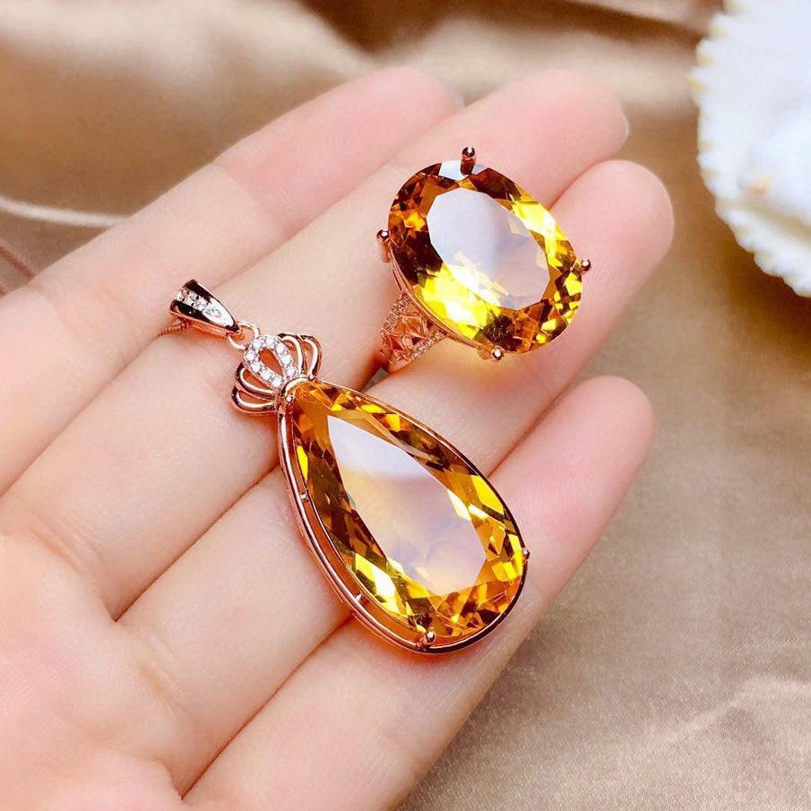 2026 Mode Inlay Zirkon Citrin Anhänger Offener Ring Damen Halskette