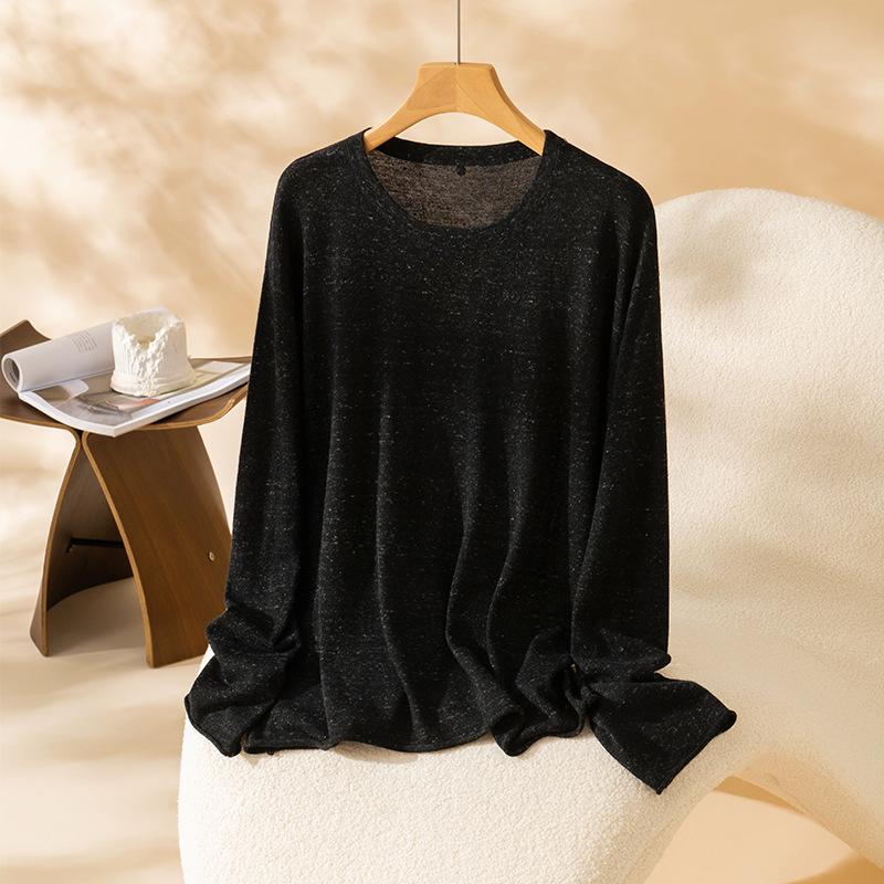 

2025 Пуюань Осенний Топ женский вязаный из льна и мериносовой шерсти с круглым вырезом и пуговицами из ракушек Large