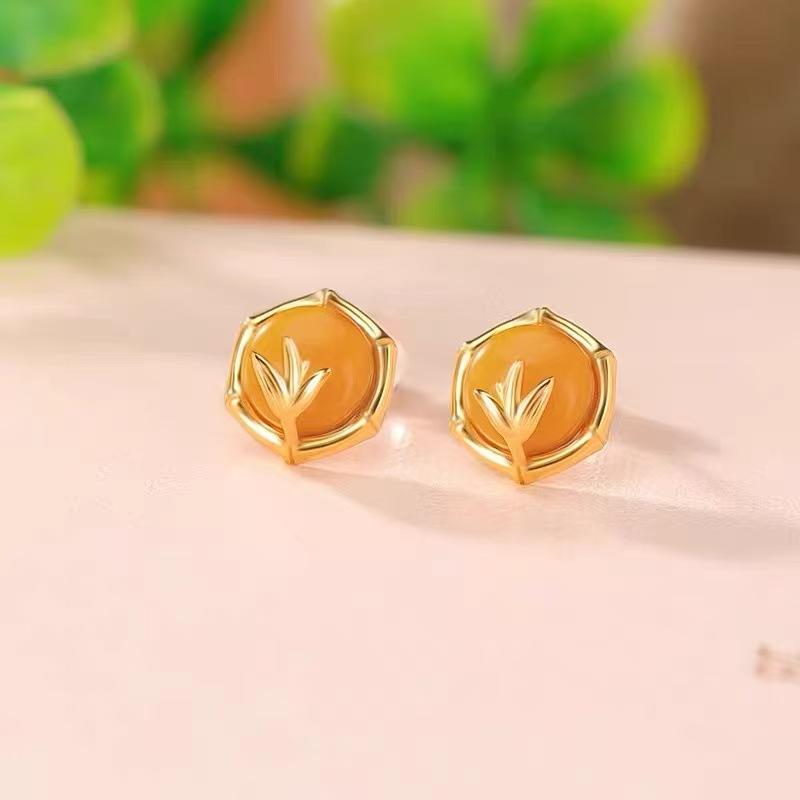 Bamboo safe natural beeswax stud earrings New Chinese style gold inlaid jade women s jade bamboo earrings