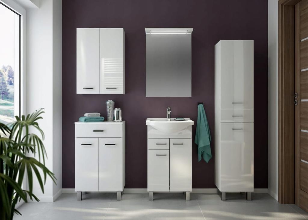 Bathroom cabinet with a washbasin on legs 85x50, standing white Mea with an elongated chrome tap