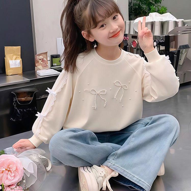 Girls' Versatile Long Sleeve Round Neck Sweatshirt with Bow Knot for Spring and Autumn