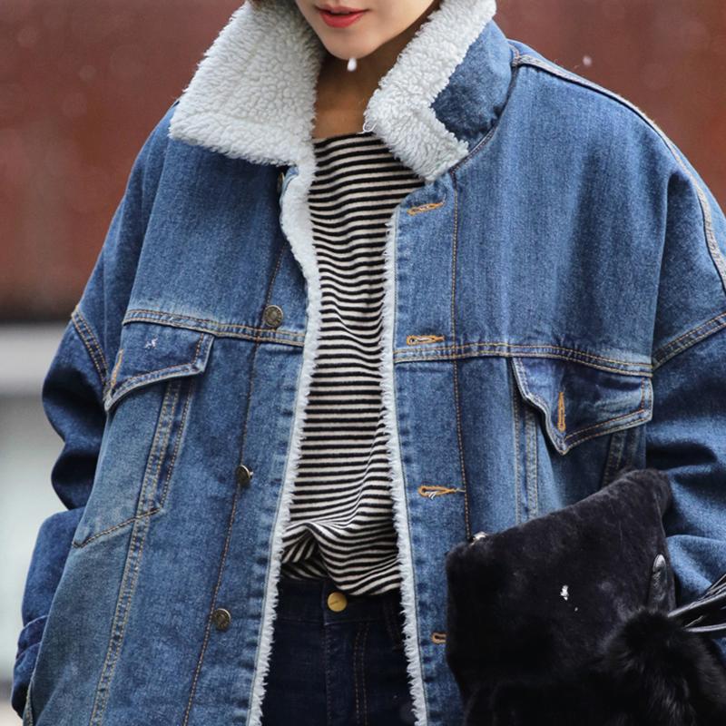 Women's Denim Jacket Thickening Long Section of Lamb Fur Coat