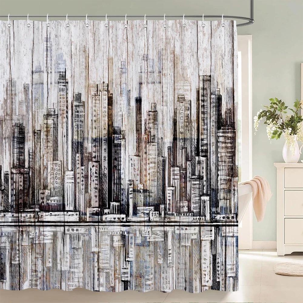 Zasłona prysznicowa Pejzaż nocny Nowego Jorku Miasto Most Budynek Zasłony do kąpieli 3D Retro Czarno-białe zdjęcie Dekoracje łazienkowe Zasłona