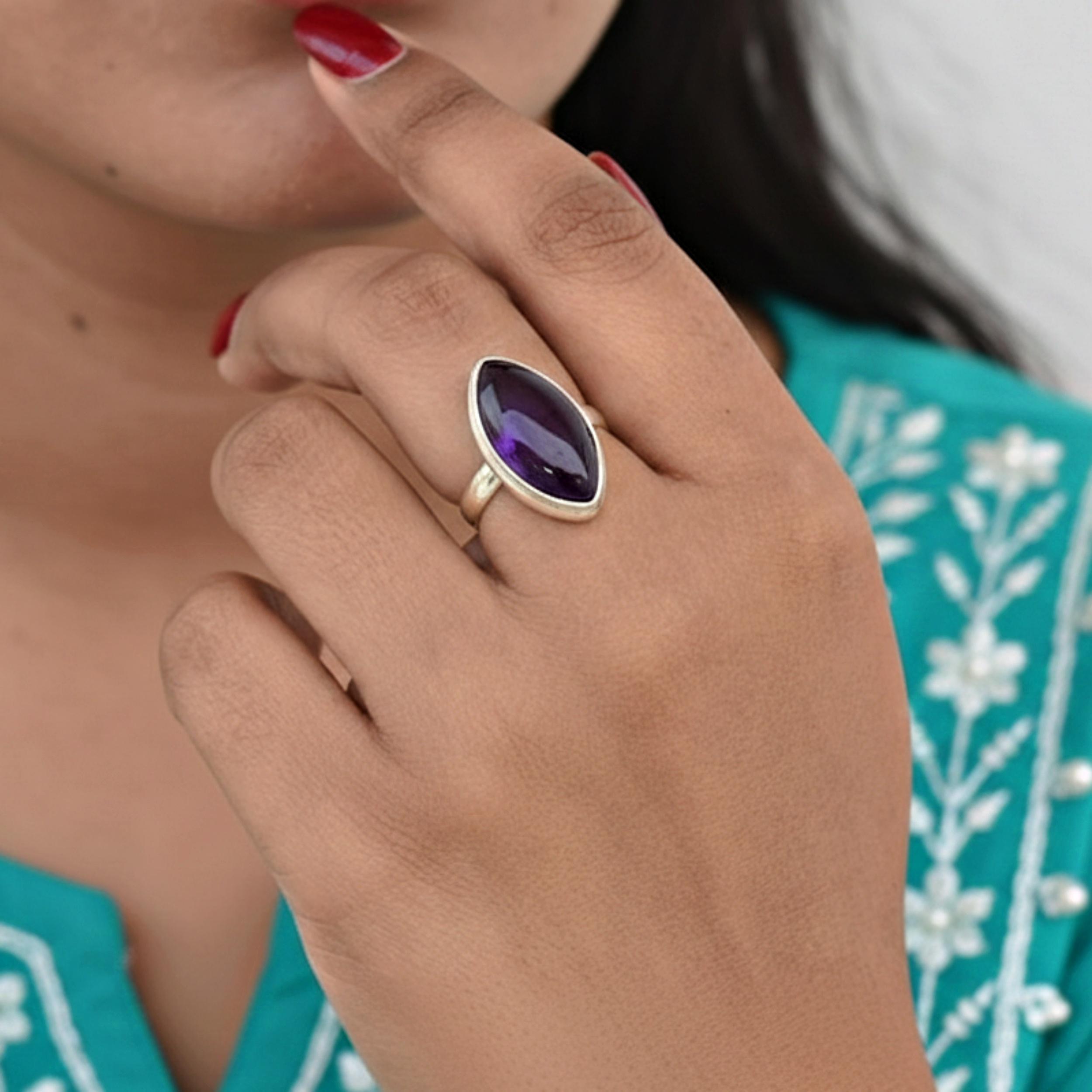 

Purple Amethyst Marquise Statement Ring, 925 Sterling Silver, Minimalist Boho Ring for Women 4