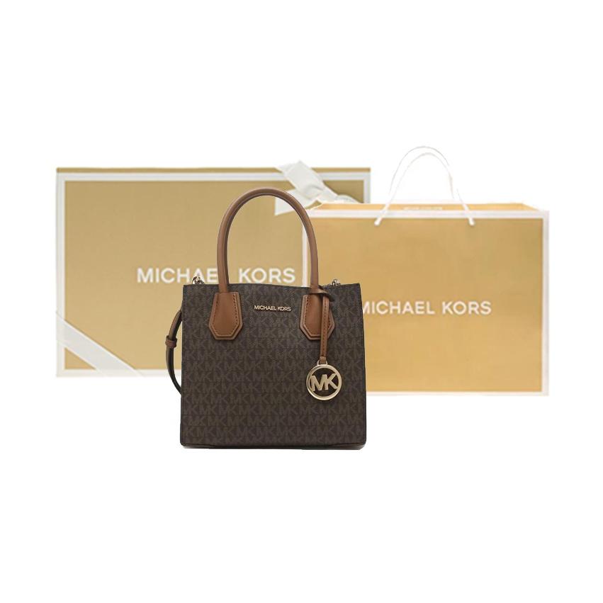 Michael Kors MK Mercer Series Classic French Vintage Monogram Color Block PVC Coated Canvas Accordion Bag Women Handbags Brown 35S1GM9M2B-BRN