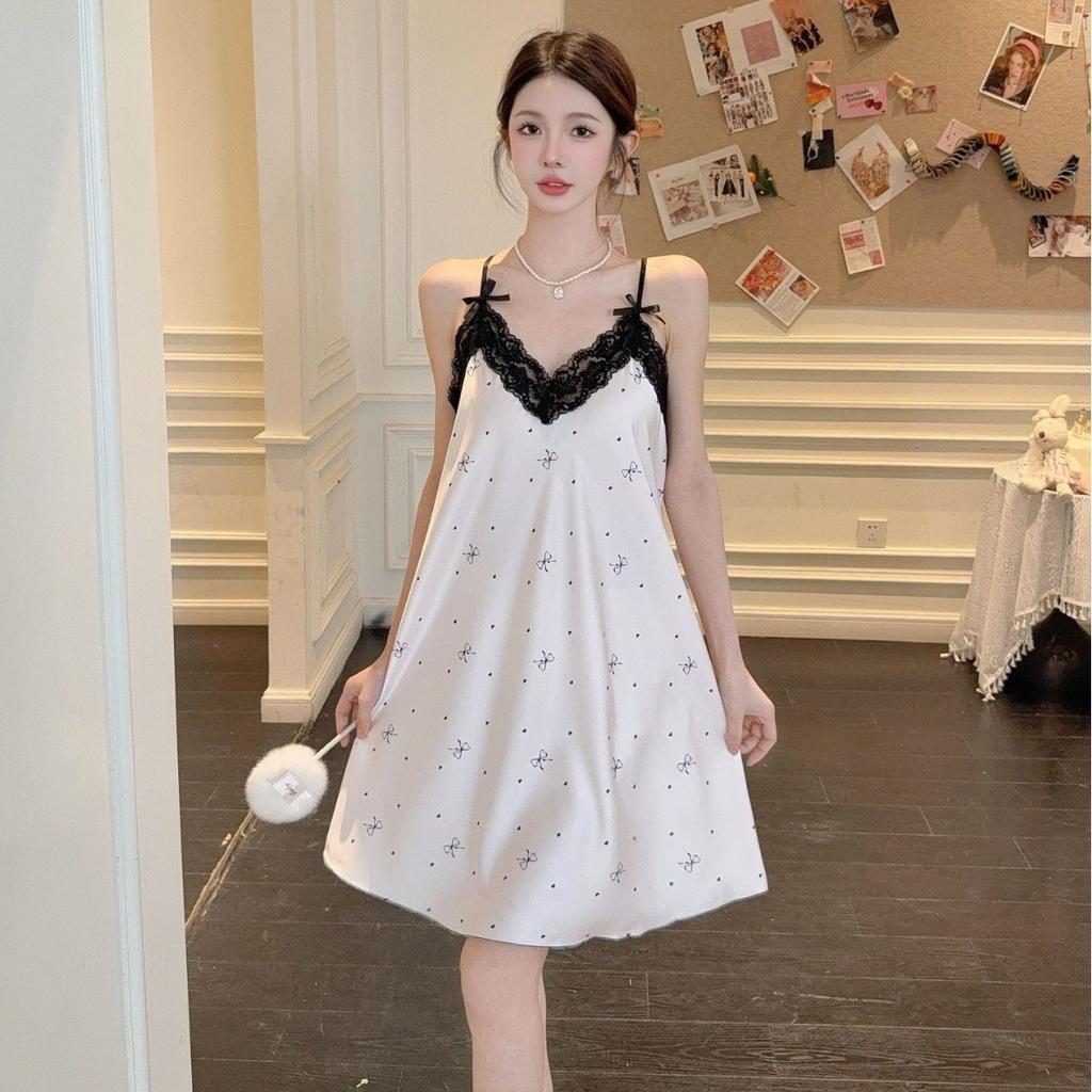 Sexy pajamas women Ice Ribbon chest pad summer ice silk new nightgown pure lust wind sweet print lace loungewear