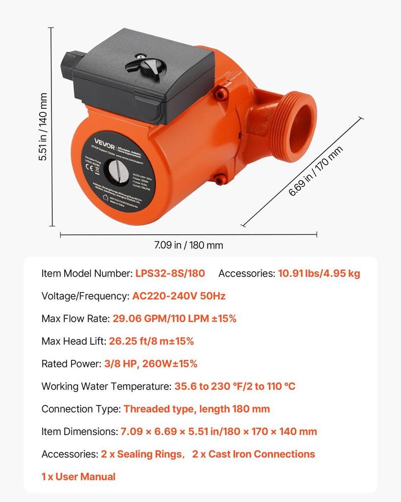 LPS32-8S/180 Cast Iron Circulator Pump, 3/8 HP, 220-240V 110 LPM Hot Water Recirculating Circulation Pump, Threaded Connection, 3-Speed Adjustment,
