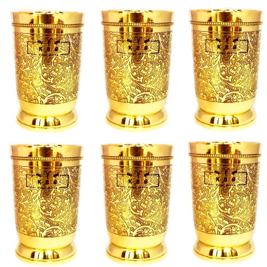 BRASS GLASS TUMBLER with ETCHING ART FINISH, INDIAN HANDWORKED, (PACK of 6)