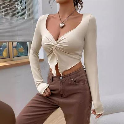 Women's Spring Summer Slim Front Twist Long Sleeve T-Shirt